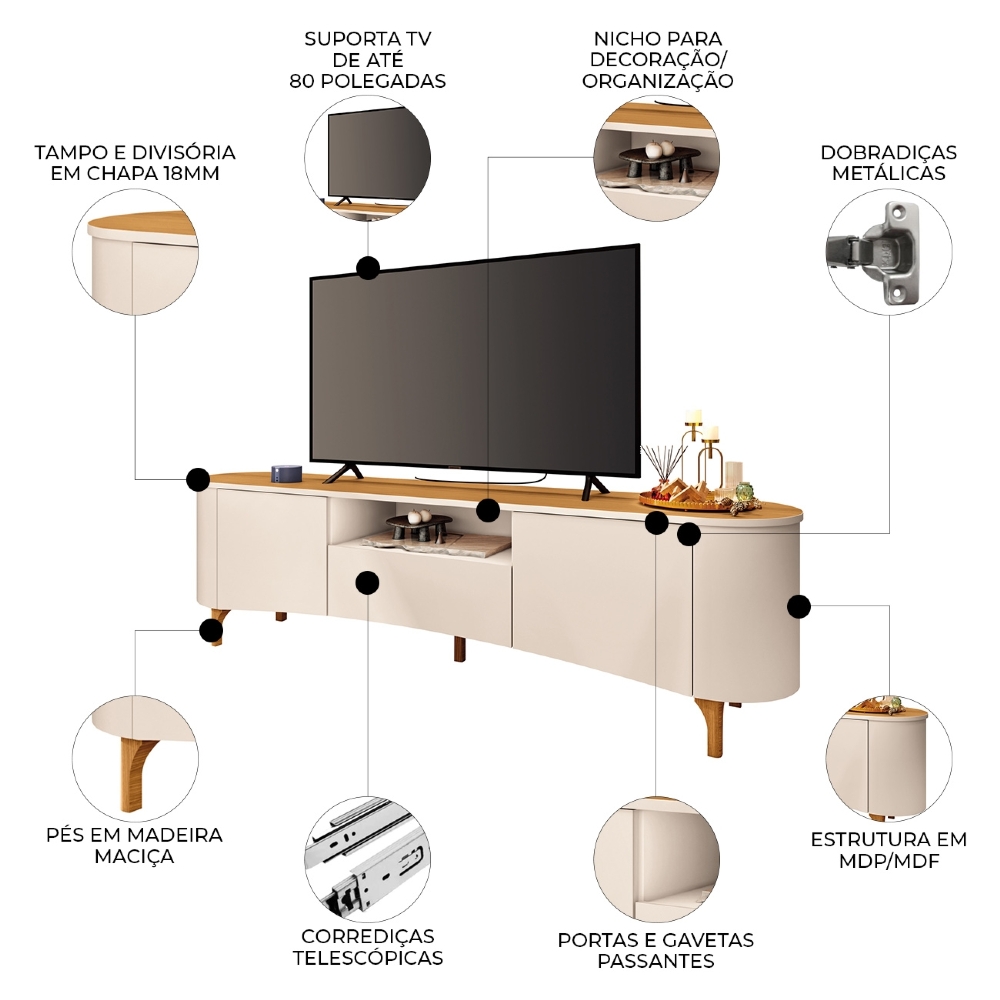 Rack Bancada TV 80 Pol 201cm Desing Orgânico Yang Off/Cinamomo H01 - Mpozenato