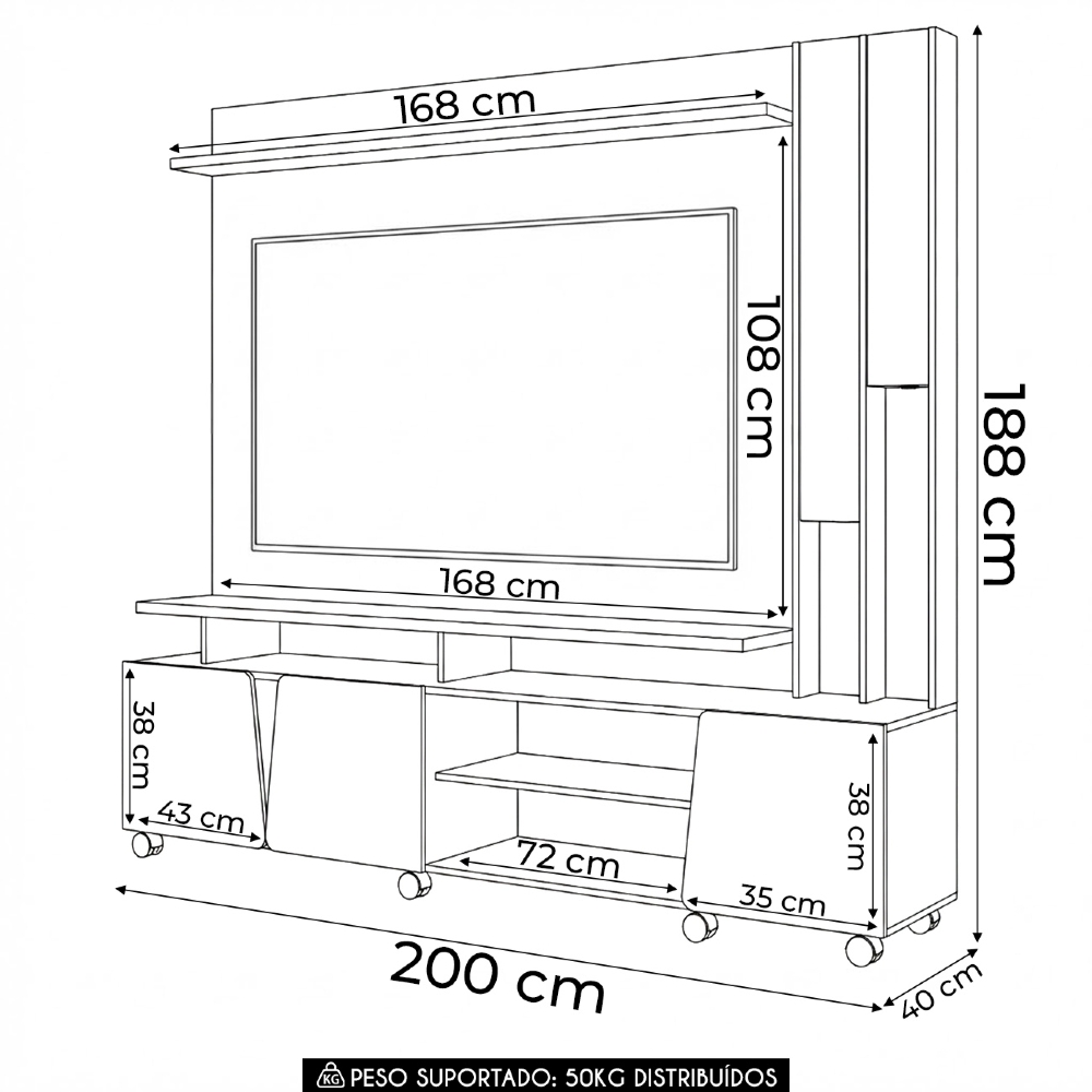 Estante Painel TV 70 Pol 200cm com LED Virtus Cinamomo/Off - HB Móveis
