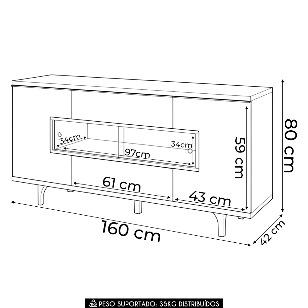 Buffet Aparador 160cm Com LED 3 Portas Murano Cinamomo - HB Móveis