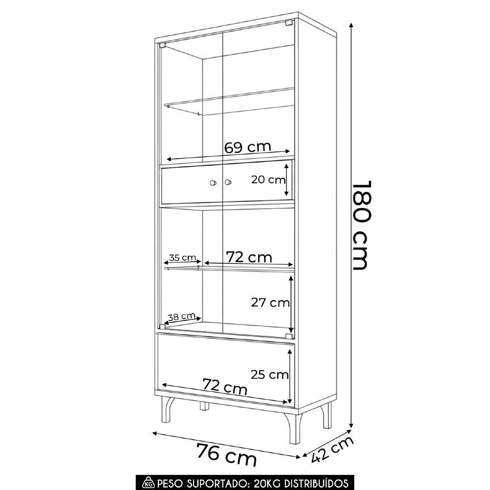 Cristaleira Portas de Vidro Com LED 76cm Delux Off/Cinamomo H01 - Mpozenato