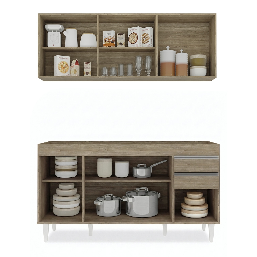 Armário Cozinha e Balcão Com Pia 150cm Marrocos Castanho    - Lumil