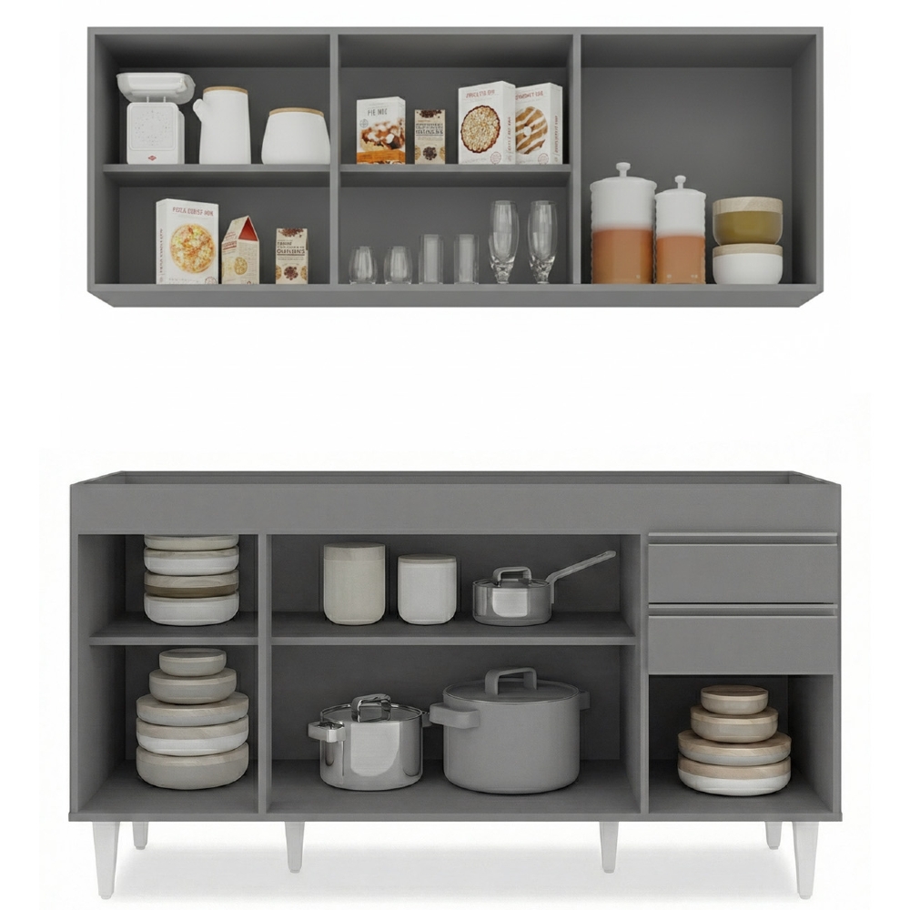 Armário Cozinha e Balcão Com Pia 150cm Marrocos Cinza      - Lumil