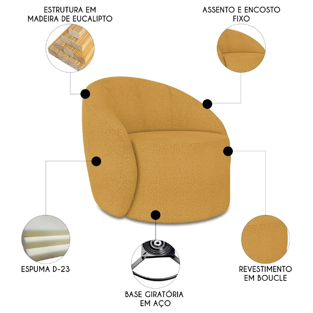 Poltrona Sala Giratória Redonda 91cm Steve Boucle Mostarda  I01  - Mpozenato