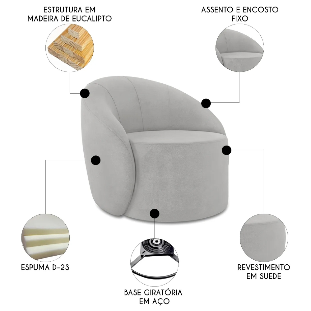 Poltrona Sala Giratória Redonda 91cm Steve Suede Cinza  I01  - Mpozenato