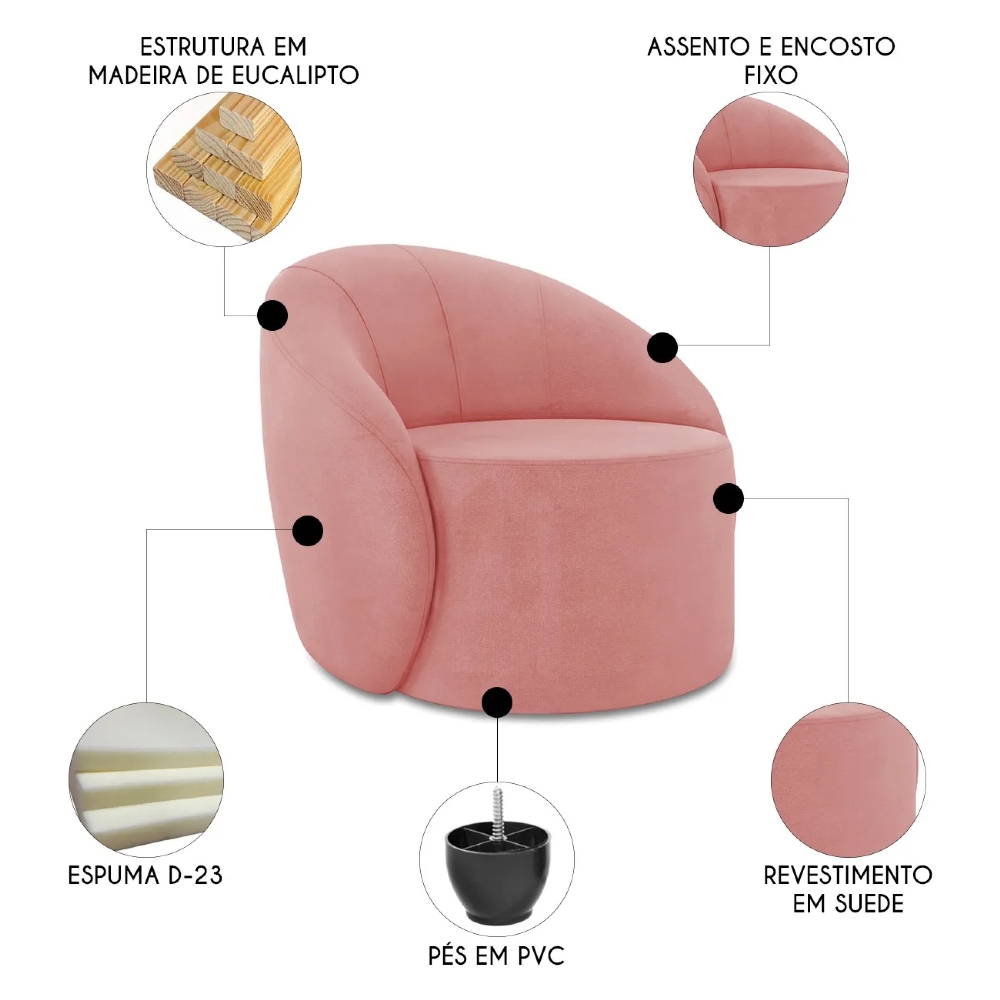 Poltrona Sala Decorativa Redonda 91cm Steve Suede Rosê  I01  - Mpozenato