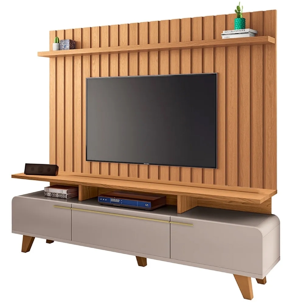 Painel TV 70 Pol Link 2.0 e Rack Bancada Essenza Off/Cinamomo - HB Móveis