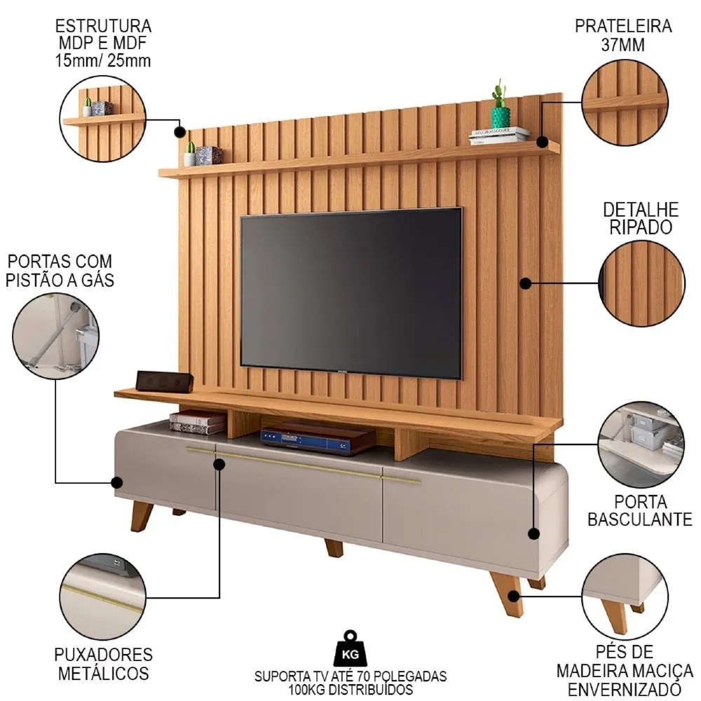 Painel TV 70 Pol Link 2.0 e Rack Bancada Essenza Off/Cinamomo - HB Móveis