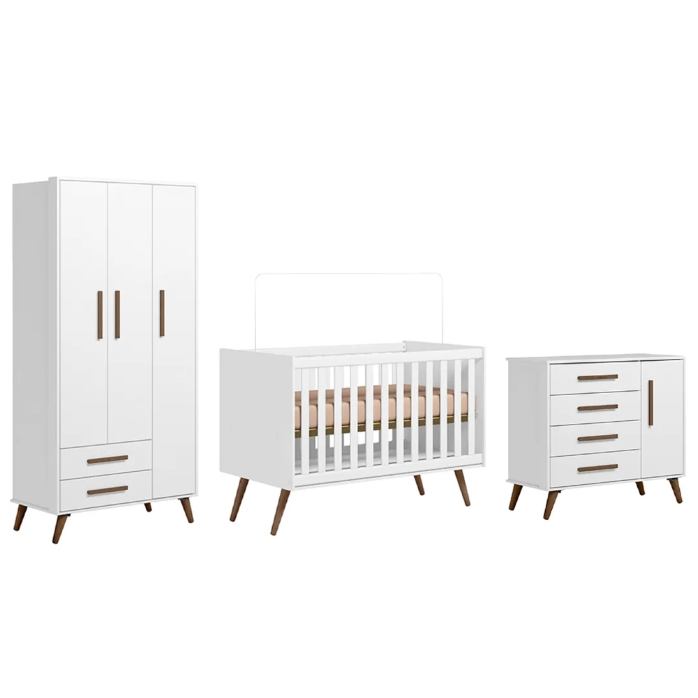Quarto Infantil 3 Peças com Berço Q Encanto Retrô Branco - Qmovi