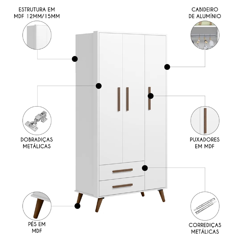 Quarto Infantil 3 Peças com Berço Q Encanto Retrô Branco - Qmovi