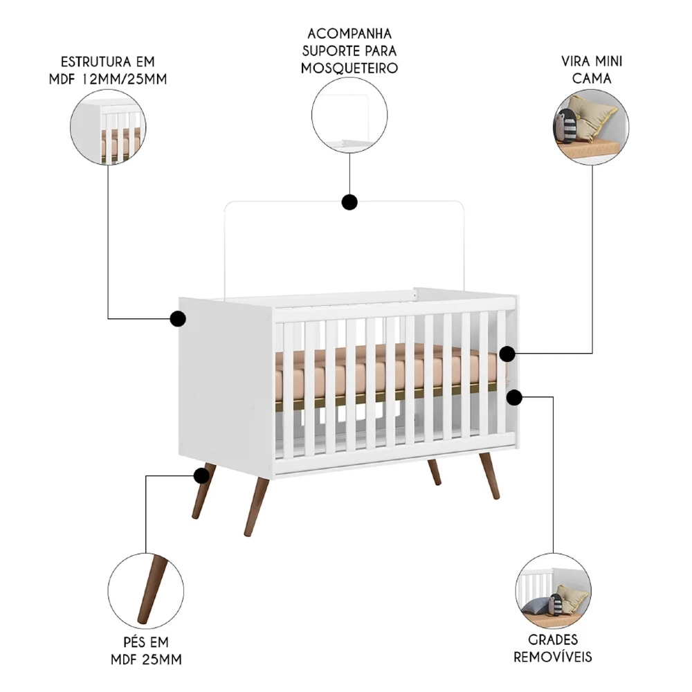 Quarto Infantil 3 Peças com Berço Q Encanto Retrô Branco - Qmovi