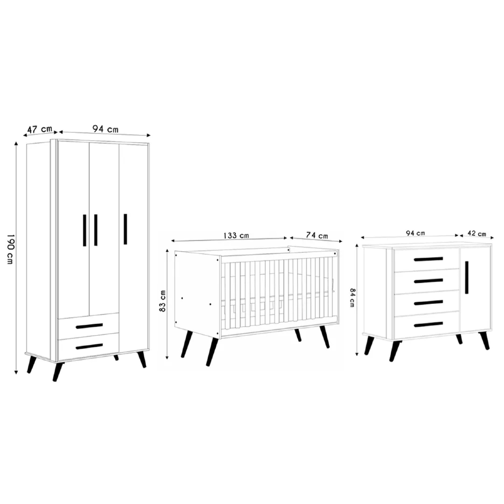 Quarto Infantil 3 Peças com Berço Q Encanto Retrô Branco - Qmovi