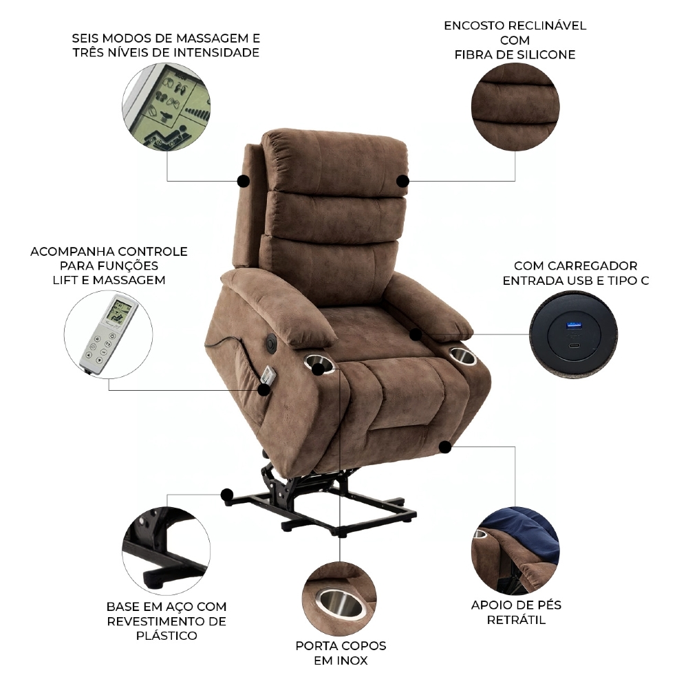 Poltrona Reclinável Elétrica Lift com Elevação Niara Linho Soft Marrom C01 - Mpozenato