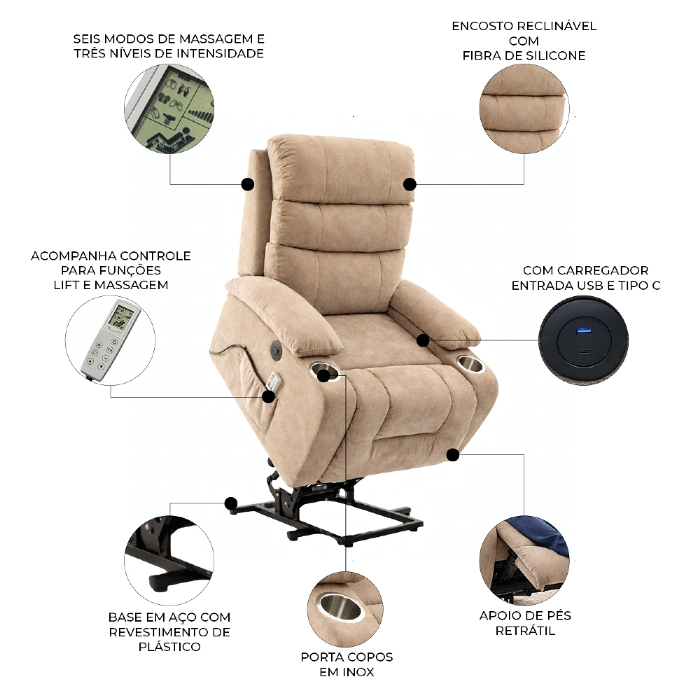 Poltrona Reclinável Elétrica Lift com Elevação Niara Linho Soft Bege C01 - Mpozenato