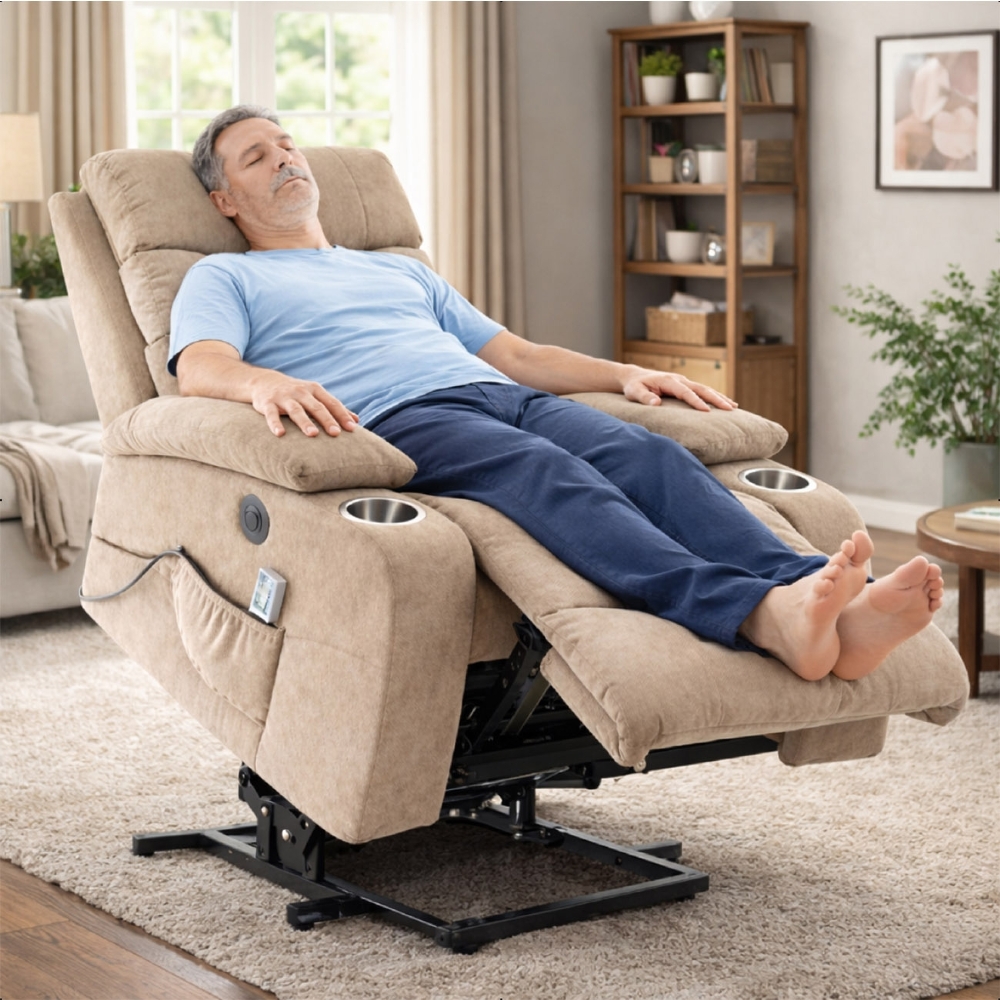 Poltrona Reclinável Elétrica Lift com Elevação Niara Linho Soft Bege C01 - Mpozenato