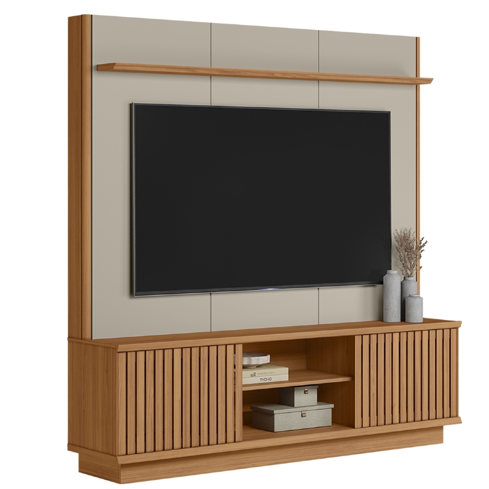 Estante Painel TV 75 Pol 180cm Ripado Hailey Canela/Off L06 - Mpozenato
