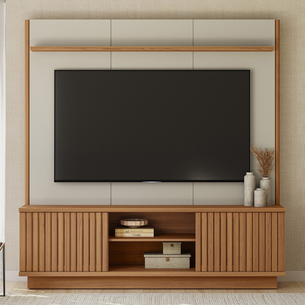 Estante Painel TV 75 Pol 180cm Ripado Hailey Canela/Off L06 - Mpozenato