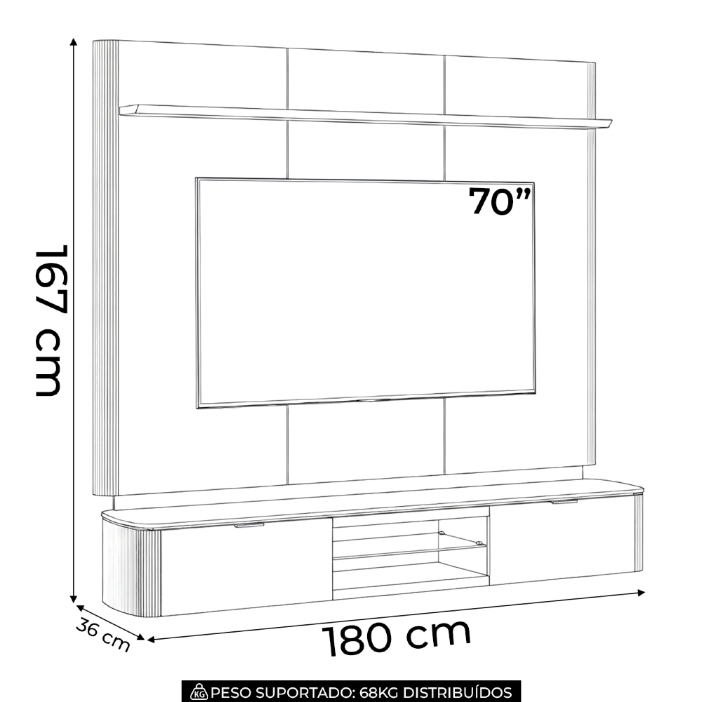 Painel TV 70 Pol 180cm Bancada Suspensa Lexie Canela/Off L06 - Mpozenato