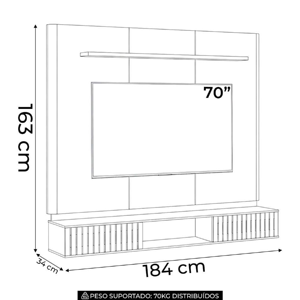 Painel TV 70 Pol 184cm Bancada Suspensa Kaori Canela/Off L06 - Mpozenato