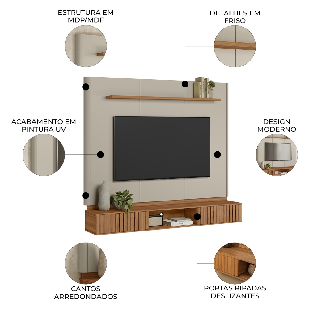 Painel TV 70 Pol 184cm Bancada Suspensa Kaori Canela/Off L06 - Mpozenato