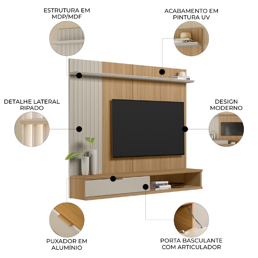 Painel TV 75 Pol 179cm Bancada Suspensa Aruba Jequitibá/Off L06 - Mpozenato