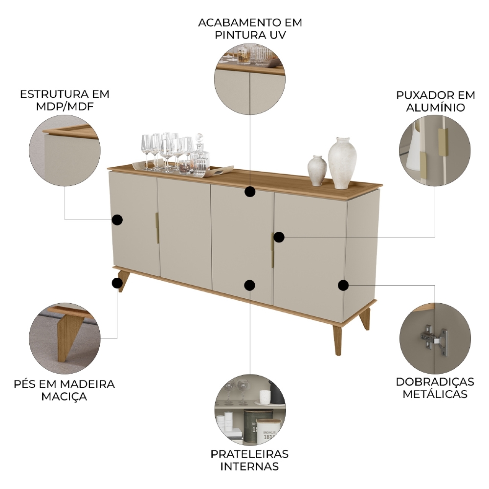 Buffet Aparador 160cm 4 Portas Pé Madeira Ozzy Jequitibá/Off L06 - Mpozenato