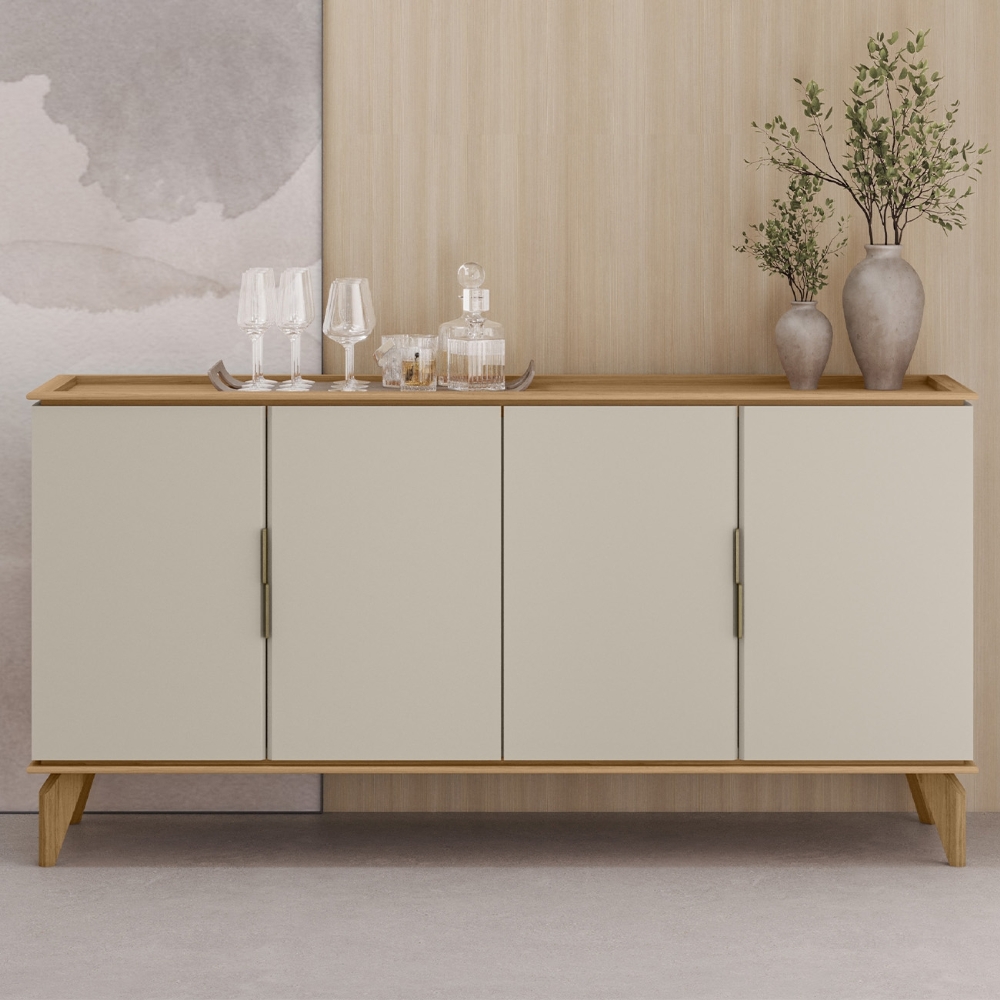 Buffet Aparador 160cm 4 Portas Pé Madeira Ozzy Jequitibá/Off L06 - Mpozenato