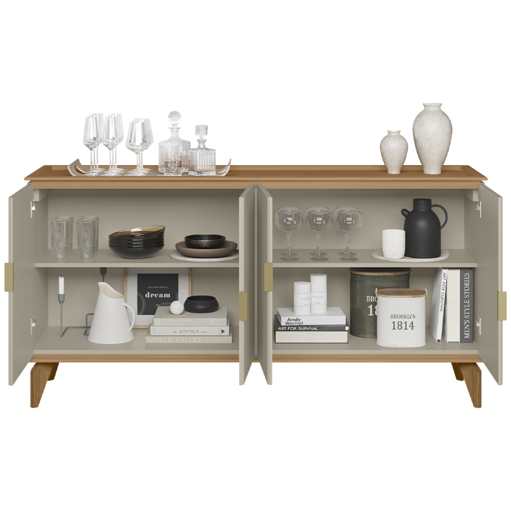Buffet Aparador 160cm 4 Portas Pé Madeira Ozzy Jequitibá/Off L06 - Mpozenato
