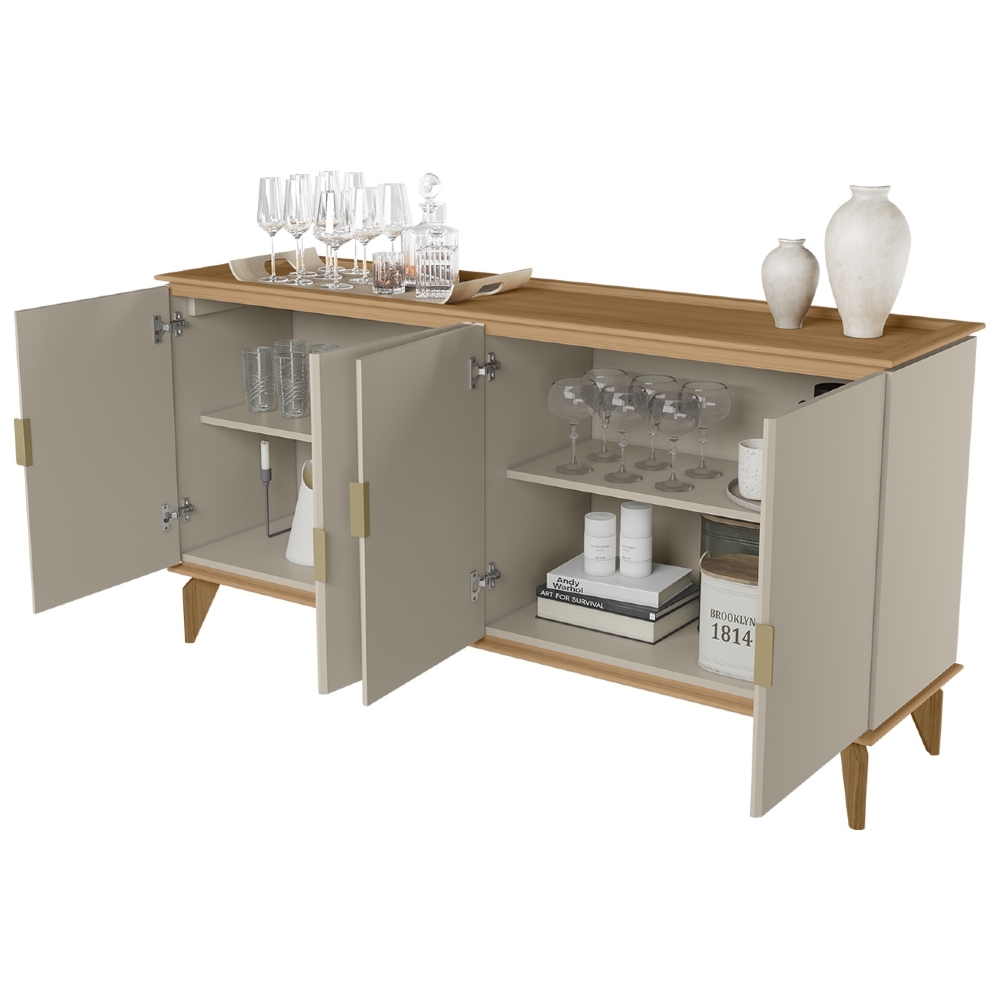 Buffet Aparador 160cm 4 Portas Pé Madeira Ozzy Jequitibá/Off L06 - Mpozenato
