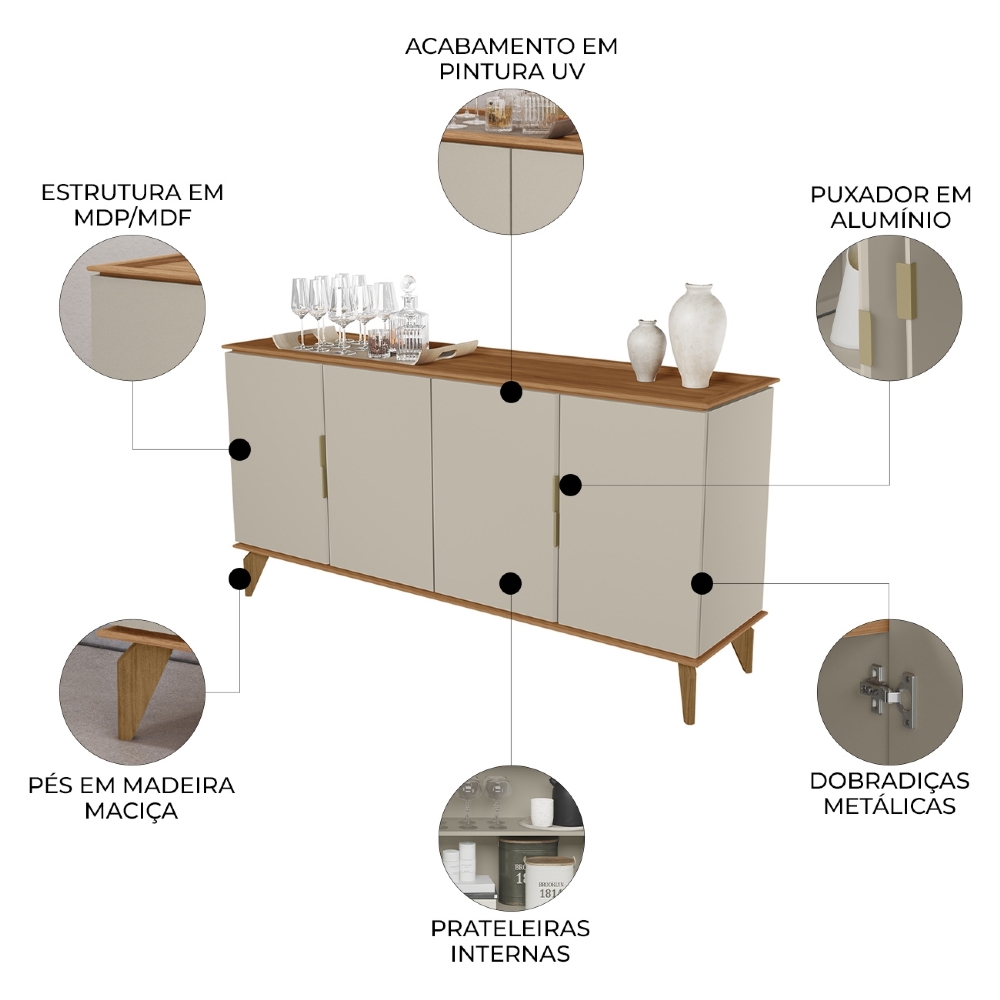 Buffet Aparador 160cm 4 Portas Pé Madeira Ozzy Canela/Off L06 - Mpozenato