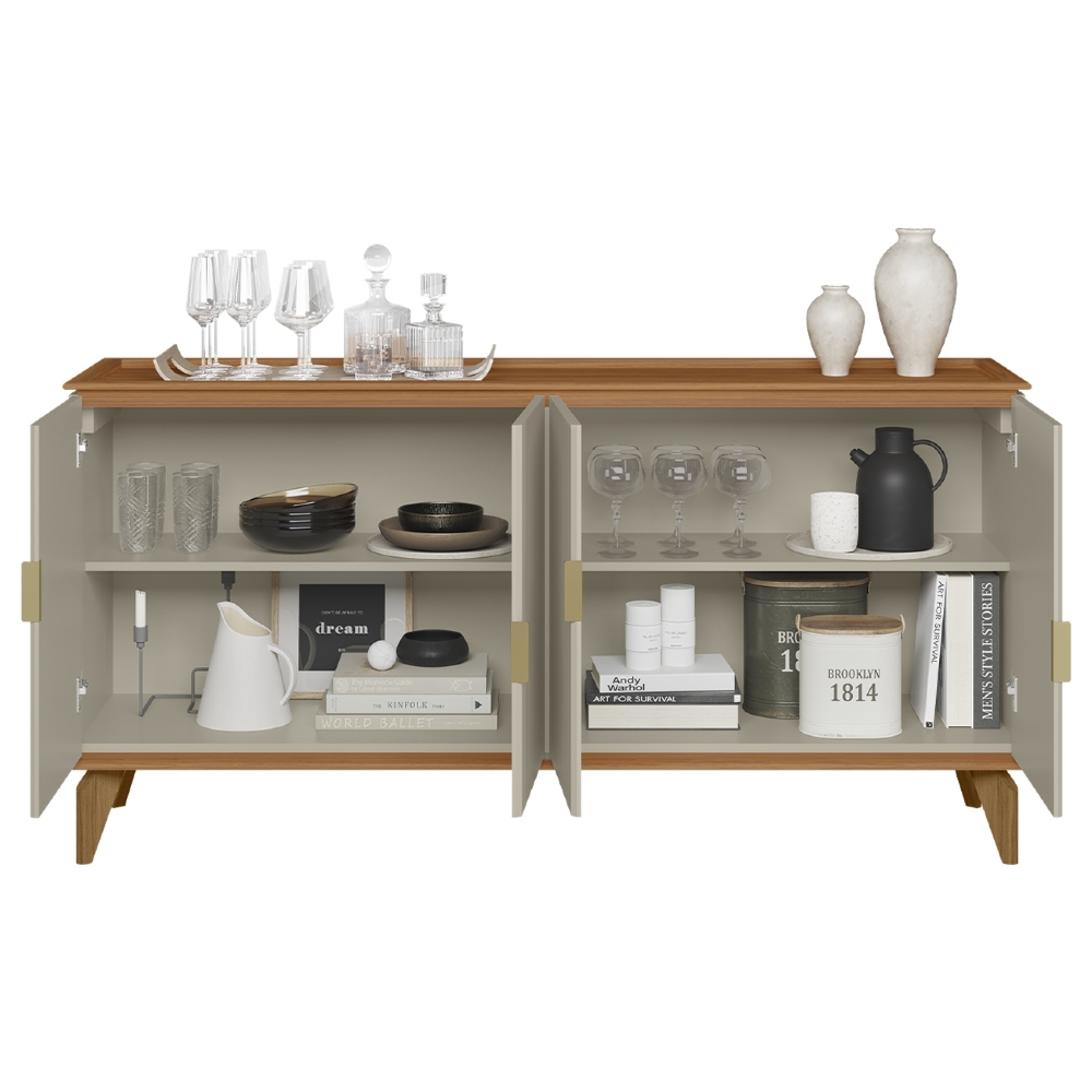 Buffet Aparador 160cm 4 Portas Pé Madeira Ozzy Canela/Off L06 - Mpozenato