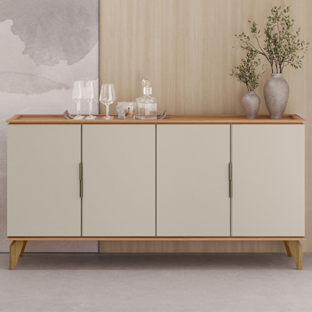 Buffet Aparador 160cm 4 Portas Pé Madeira Ozzy Canela/Off L06 - Mpozenato