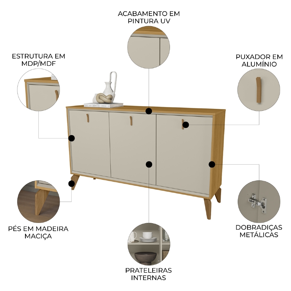 Buffet Aparador 136cm 3 Portas Pé Madeira Island Tauari/Off L06 - Mpozenato