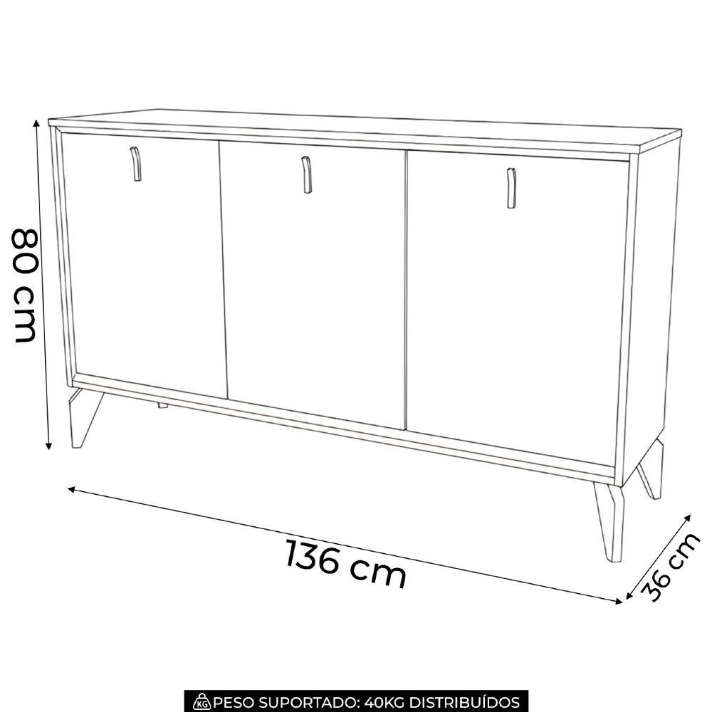 Buffet Aparador 136cm 3 Portas Pé Madeira Island Tauari/Off L06 - Mpozenato