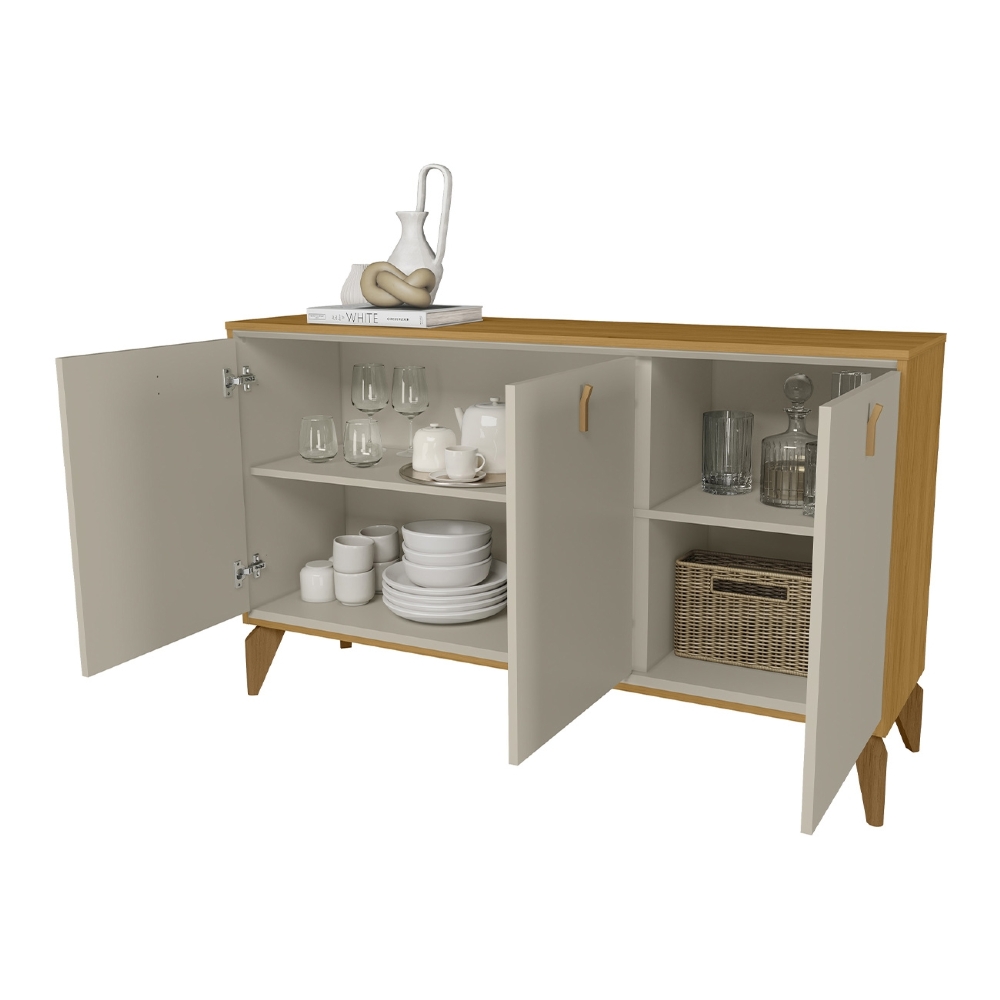 Buffet Aparador 136cm 3 Portas Pé Madeira Island Tauari/Off L06 - Mpozenato