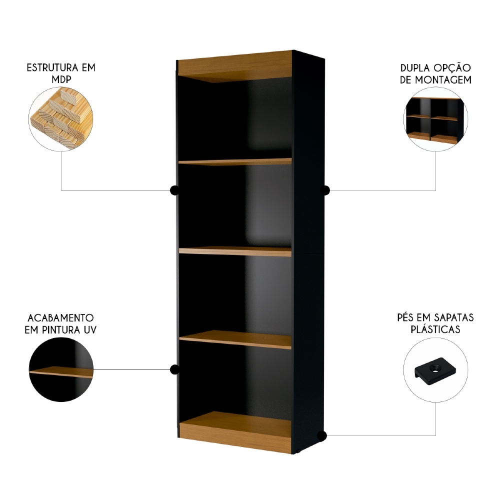 Estante Livreiro Bipartida 63cm Com Prateleiras Form Preto/Nature Z56 - Mpozenato