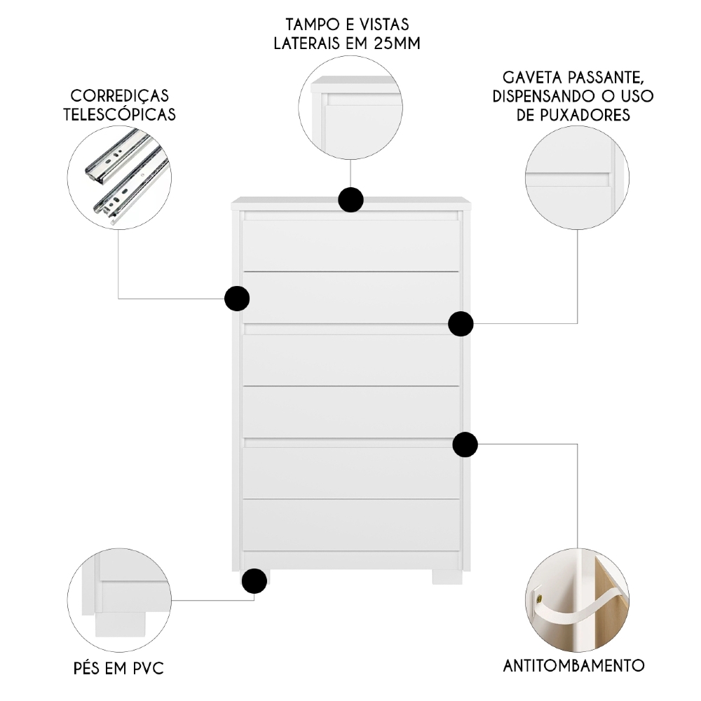 Cômoda Quarto 79cm 6 Gavetas Ayron Branco A02 - Mpozenato