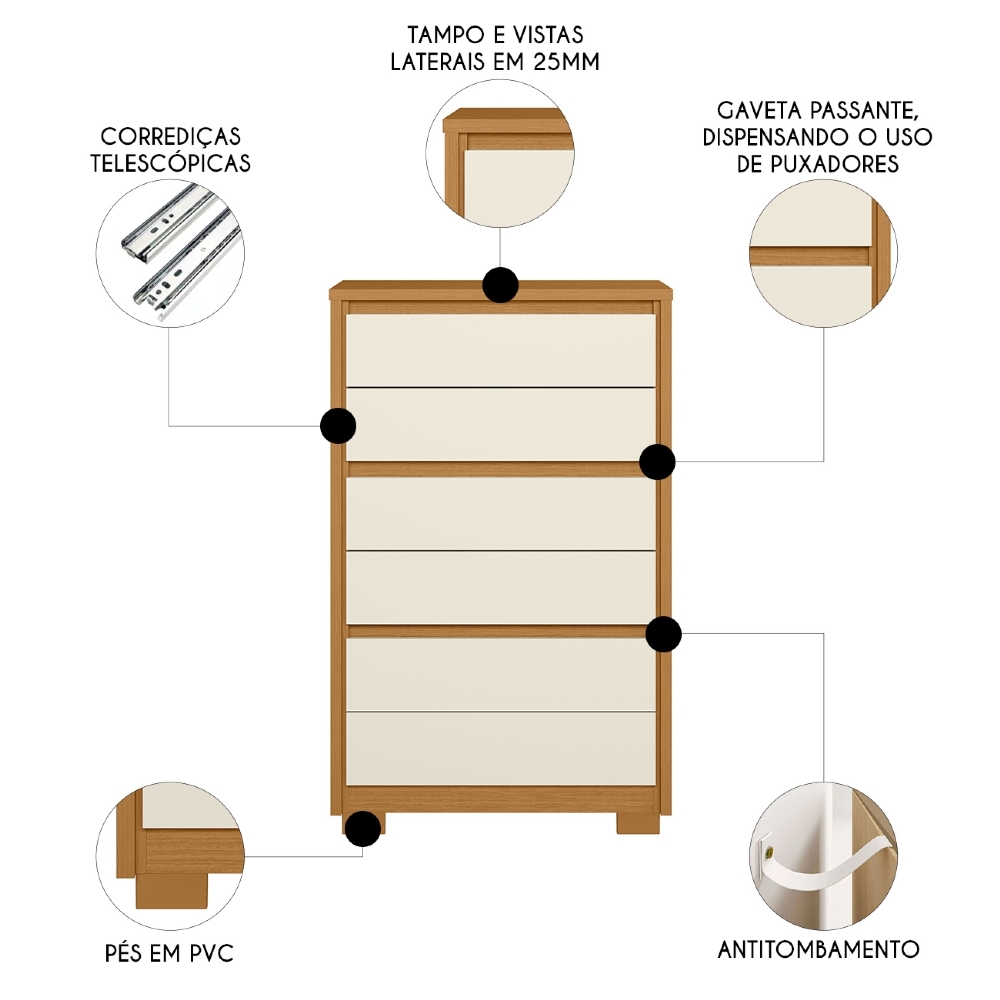Cômoda Quarto 79cm 6 Gavetas Ayron Cinamomo/Off A02 - Mpozenato