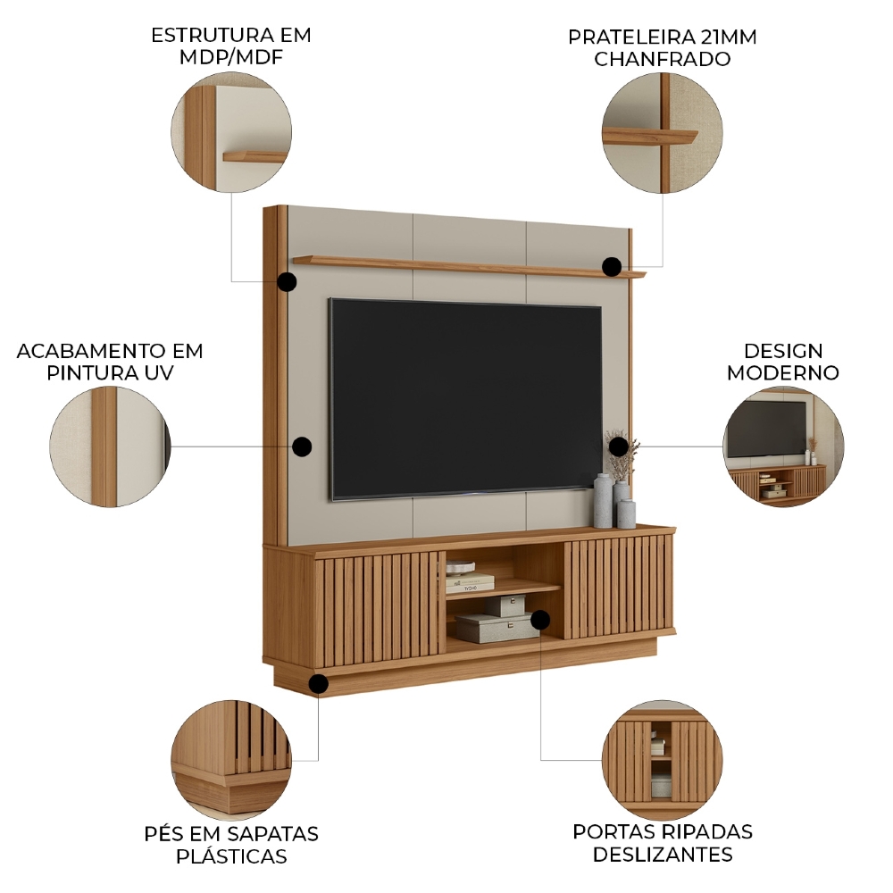Estante Painel TV 75 Pol 180cm Ripado Hailey Canela/Off L06 - Mpozenato
