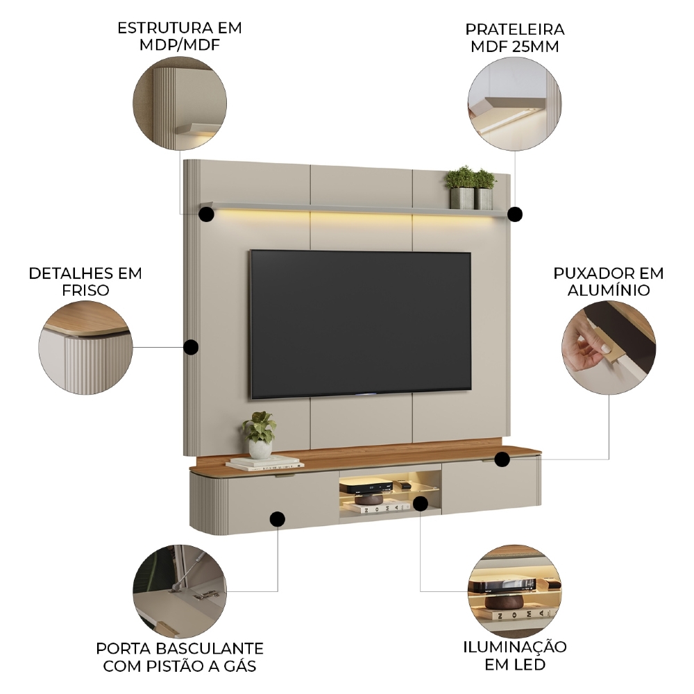 Painel TV 70 Pol 180cm Bancada Suspensa Lexie Canela/Off L06 - Mpozenato