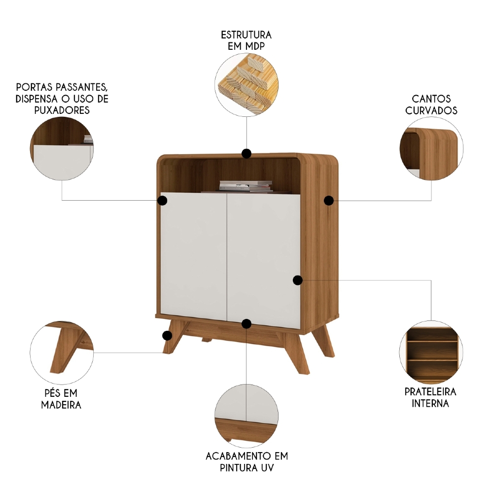 Buffet Aparador 65cm 2 Portas Orgânico Marlo Nature/Off Z56 - Mpozenato