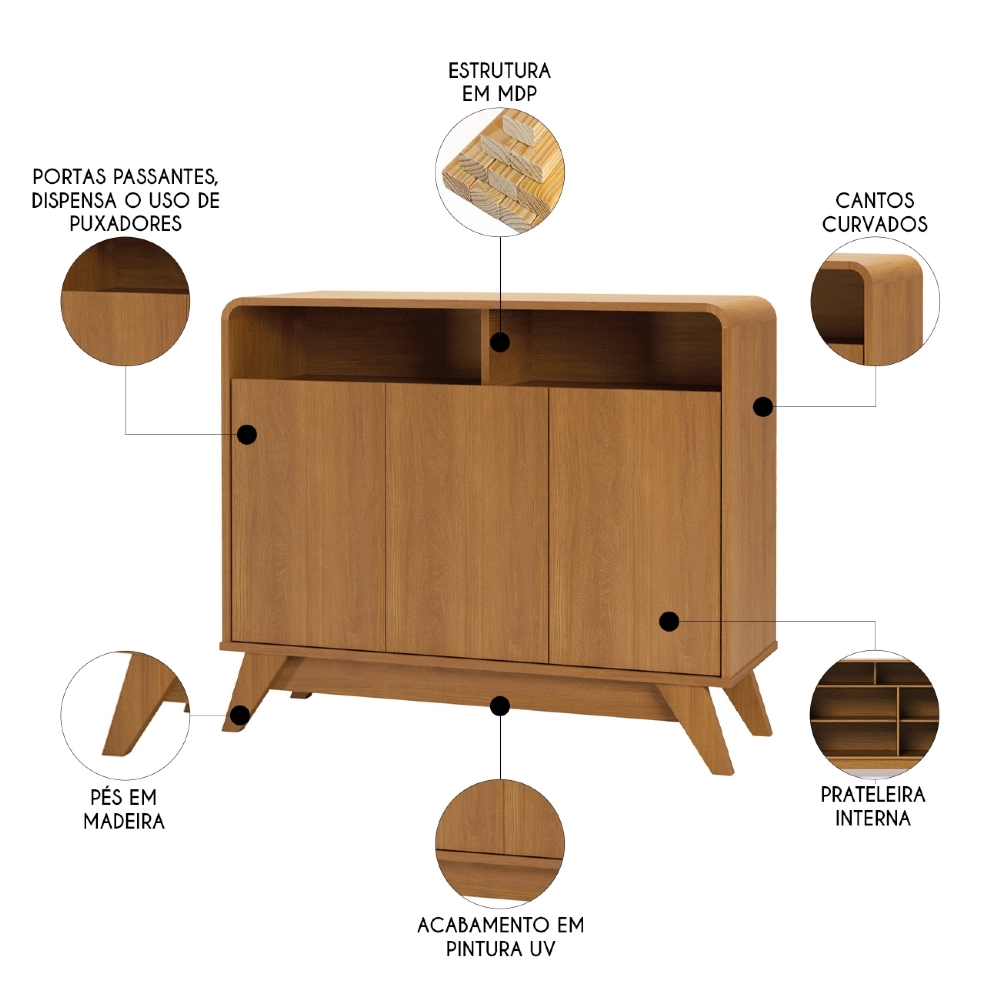 Buffet Aparador 95cm 3 Portas Orgânico Marlo Nature Z56     - Mpozenato