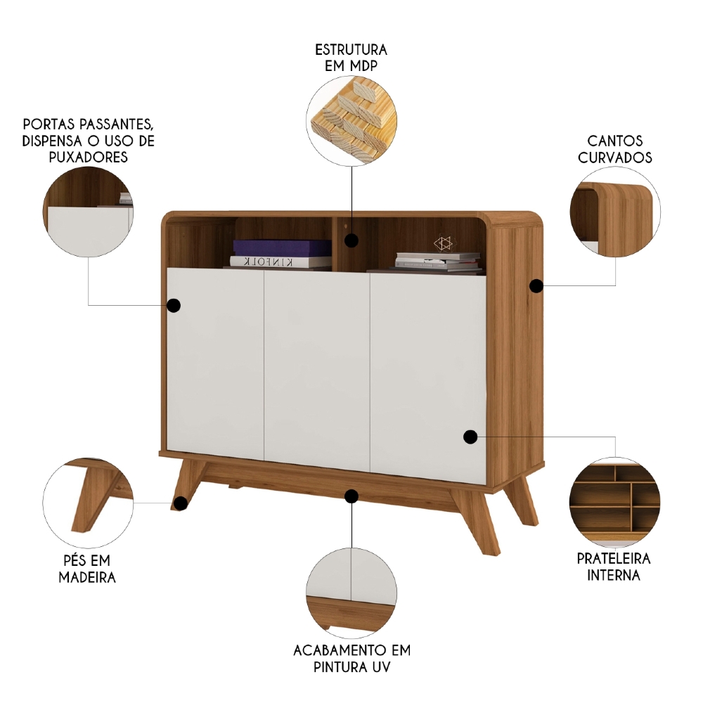 Buffet Aparador 95cm 3 Portas Orgânico Marlo Nature/Off Z56 - Mpozenato