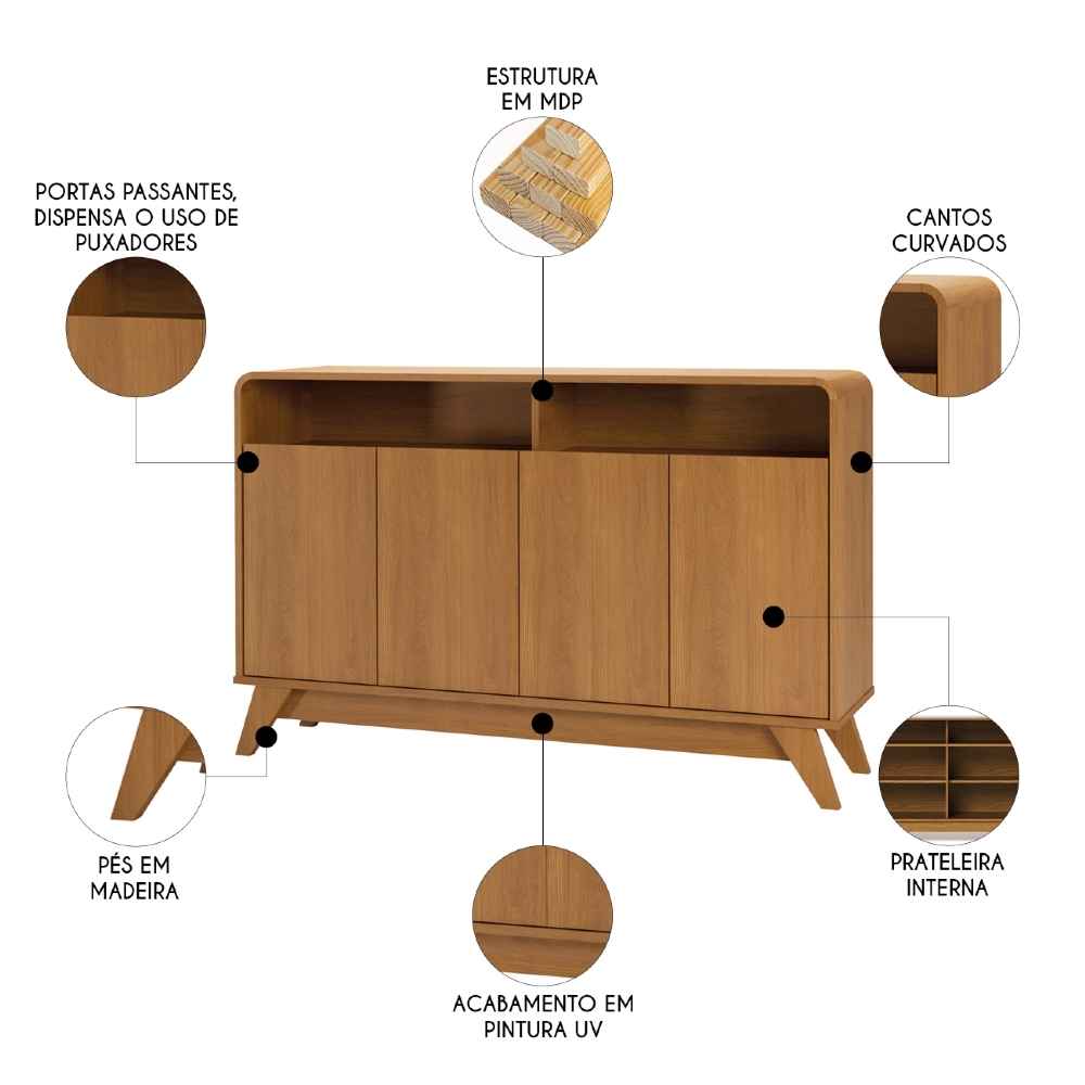 Buffet Aparador 125cm 4 Portas Orgânico Marlo Nature Z56 - Mpozenato