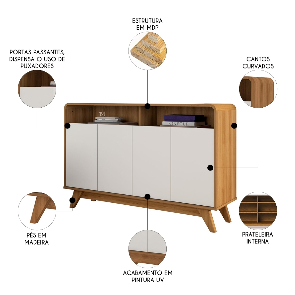 Buffet Aparador 125cm 4 Portas Orgânico Marlo Nature/Off Z56 - Mpozenato