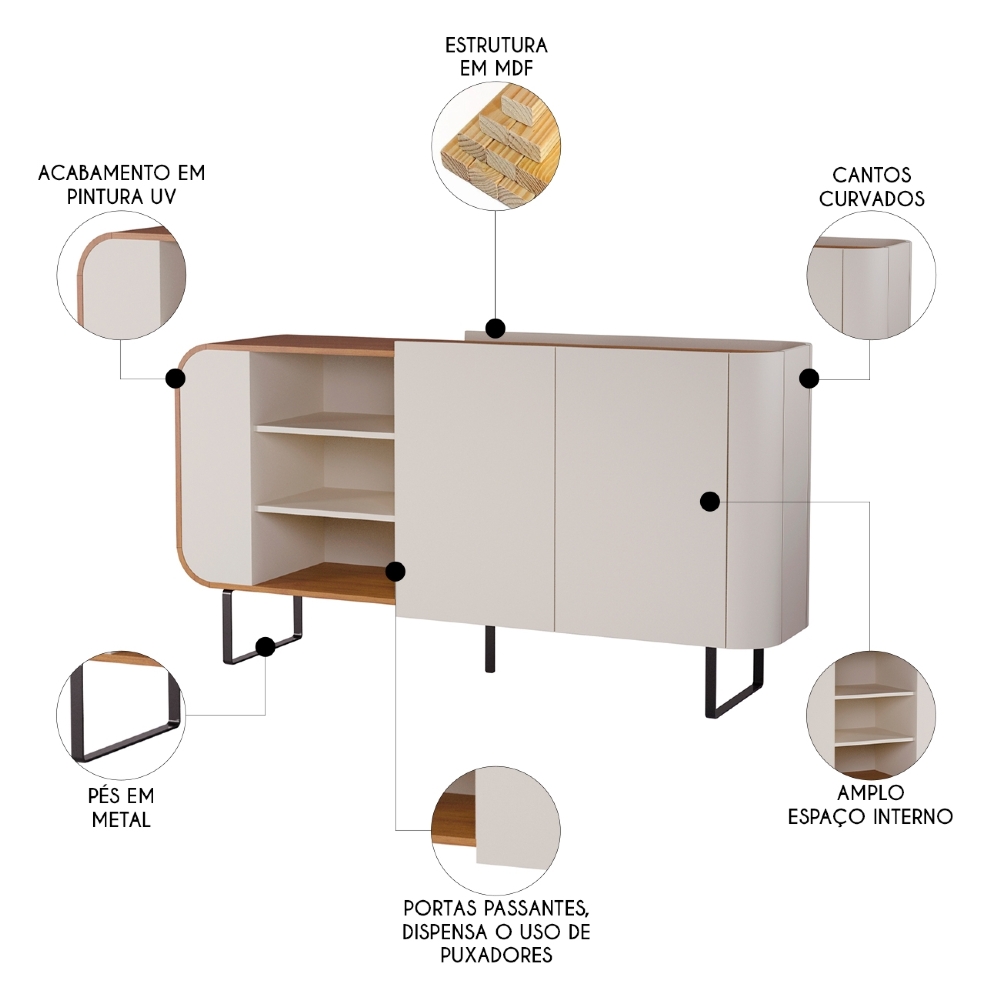 Buffet Aparador 160cm 2 Portas Orgânico Pé Metal Sindy Off Z56 - Mpozenato
