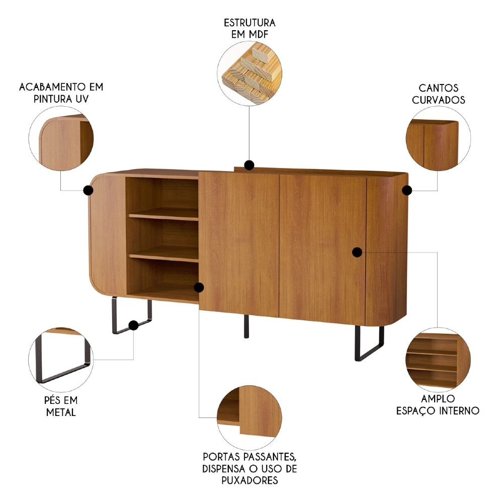 Buffet Aparador 160cm 2 Portas Orgânico Pé Metal Sindy Nature Z56 - Mpozenato