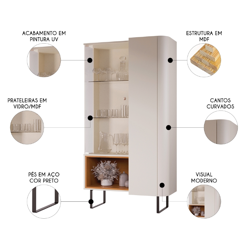 Cristaleira Porta de Vidro 92cm Orgânica Pé Metal Sindy Off Z56 - Mpozenato