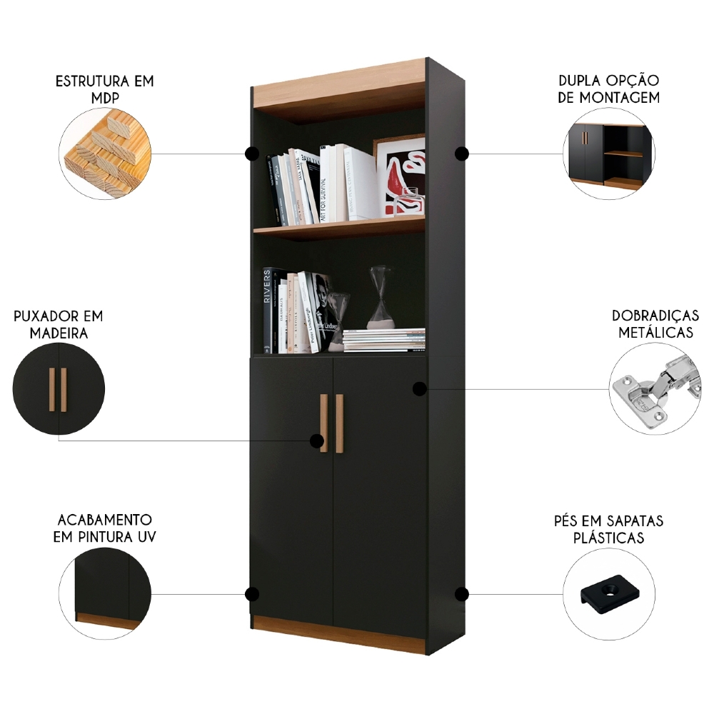 Estante Livreiro Bipartida 63cm 2 Portas Form Preto/Nature Z56 - Mpozenato