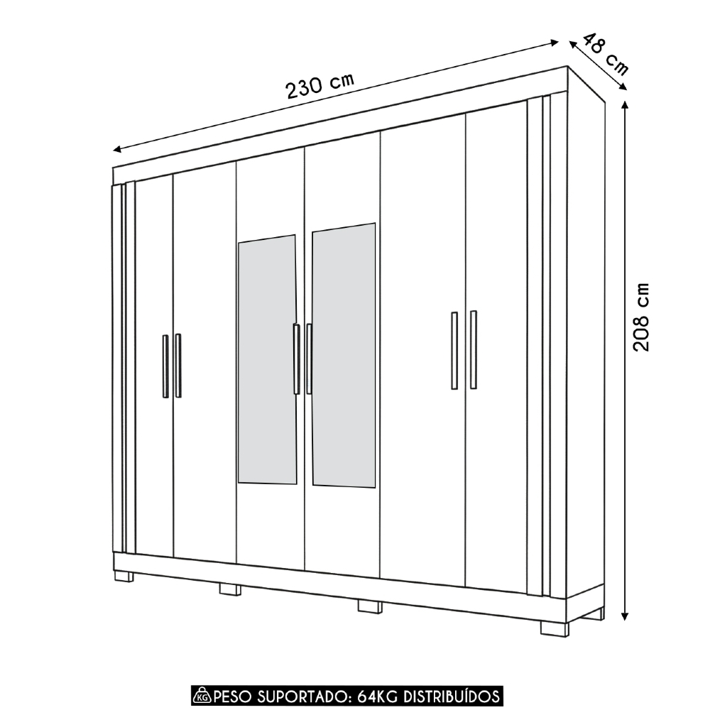 Guarda Roupa Casal 230cm 6 Portas Espelho Brasid Mel/Cacao C01 - Mpozenato
