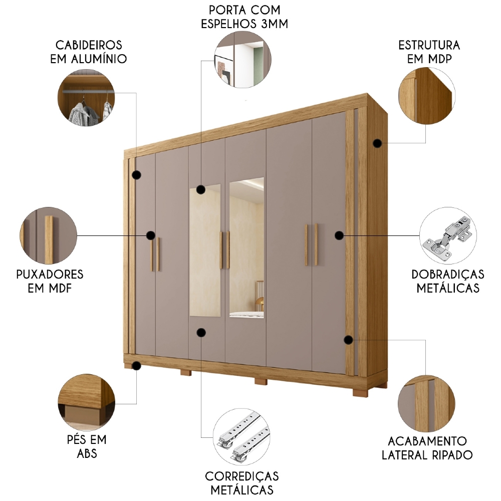Guarda Roupa Casal 230cm 6 Portas Espelho Brasid Mel/Cacao C01 - Mpozenato